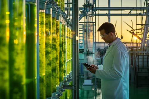 Production de biocarburants d'algues en laboratoire, symbole d'une économie verte et d'une transition énergétique durable